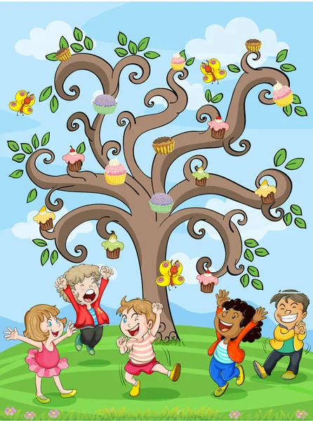 Kids playing under cake tree — Stock Vector