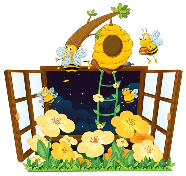 Μέλισσες, σπίτι πουλιών και παράθυρο — Διανυσματικό Αρχείο