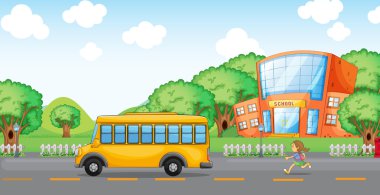 girl running behind school bus clipart