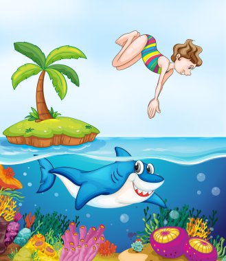 island, corel, shark and girl diving clipart