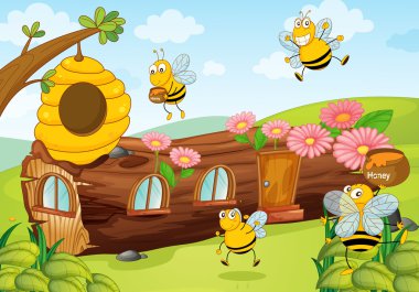 honey bees and wooden house clipart