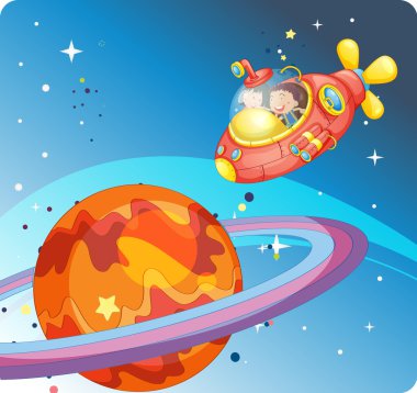 kids in spaceship and saturn clipart