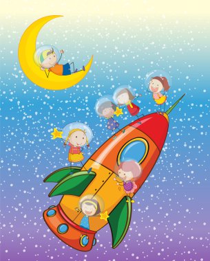 kids on moon and spaceship clipart