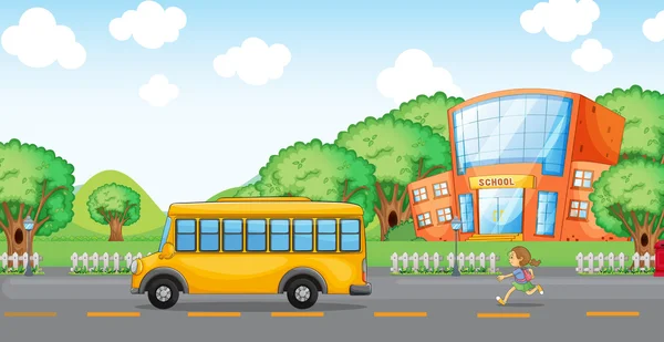 Fille courir derrière bus scolaire — Image vectorielle