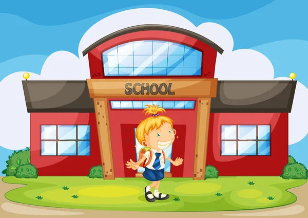 Κορίτσι μπροστά από το σχολείο — Διανυσματικό Αρχείο