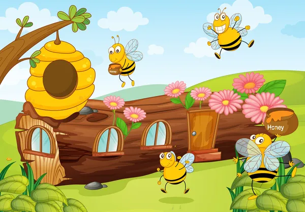 Honigbienen und Holzhaus — Stockvektor