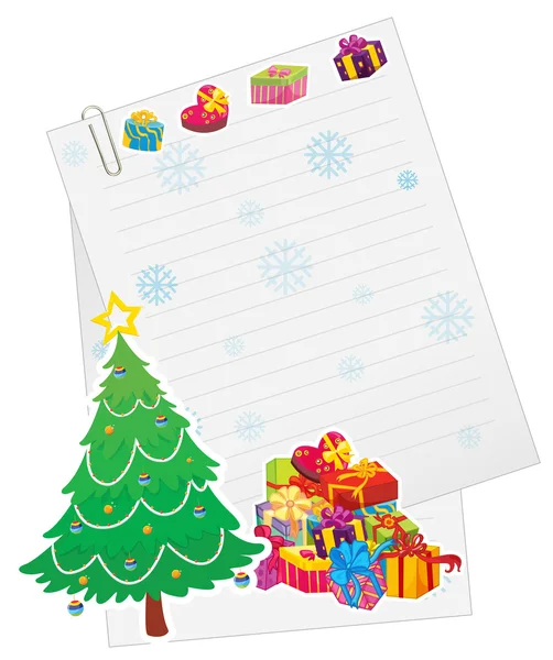 X 'mas árbol, cajas de regalo y nota de papel — Vector de stock