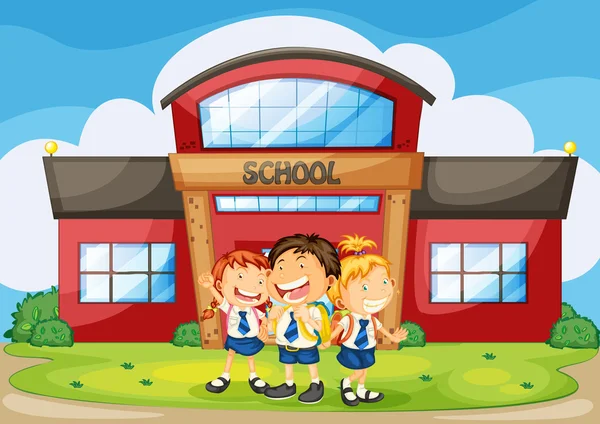 Niños frente a la escuela — Vector de stock