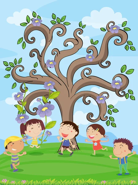 孩子们在一棵树下 — 图库矢量图片