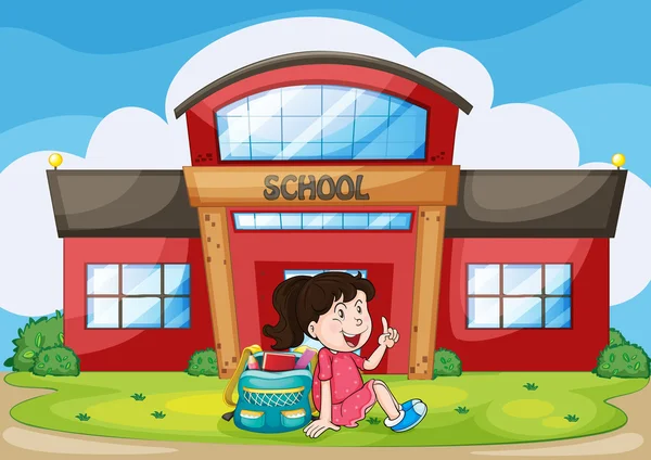 Chica en frente de la escuela — Vector de stock