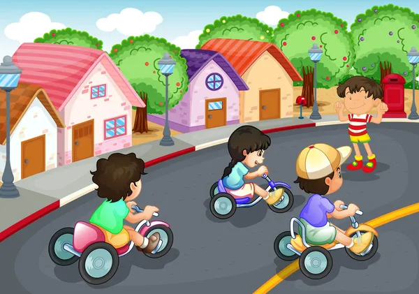 Niños jugando en la carretera — Vector de stock