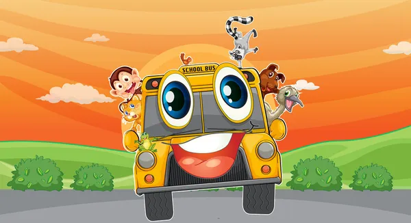 Okul otobüsünde çeşitli hayvanlar — Stok Vektör
