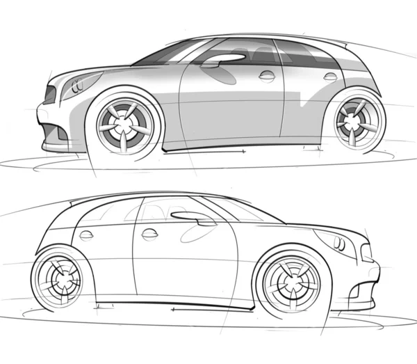 Sport Hatchback Sketch and Rendering — стокове фото
