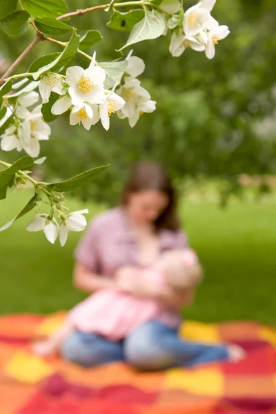 Imagen borrosa de una mujer amamantando a un bebé . —  Fotos de Stock