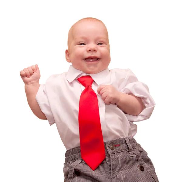 Newborn baby in a business suit and red tie. — Stock Photo, Image