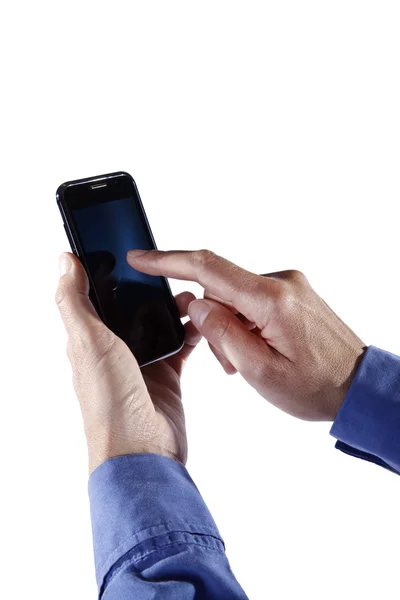 Finger touching mobile phone — Stock Photo, Image