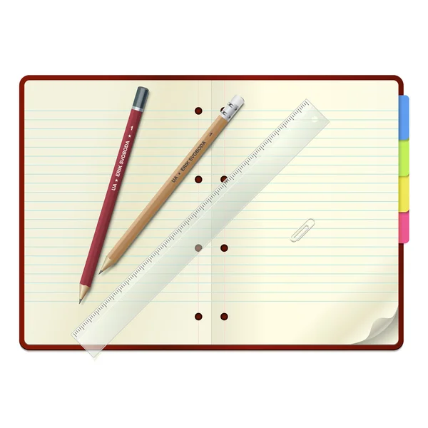 Un taccuino aperto con matite e righello — Vettoriale Stock