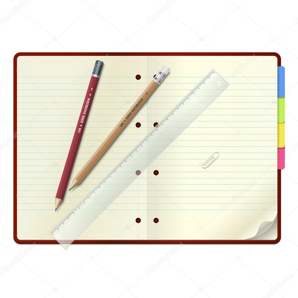 An open notebook with pencils and ruler