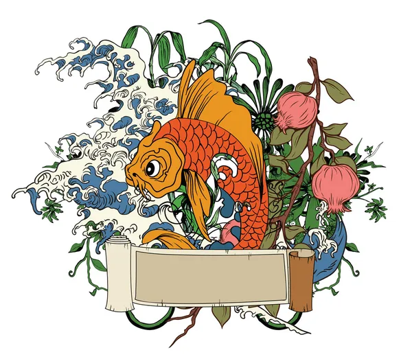 Illustrazione giapponese con pesce koi — Vettoriale Stock