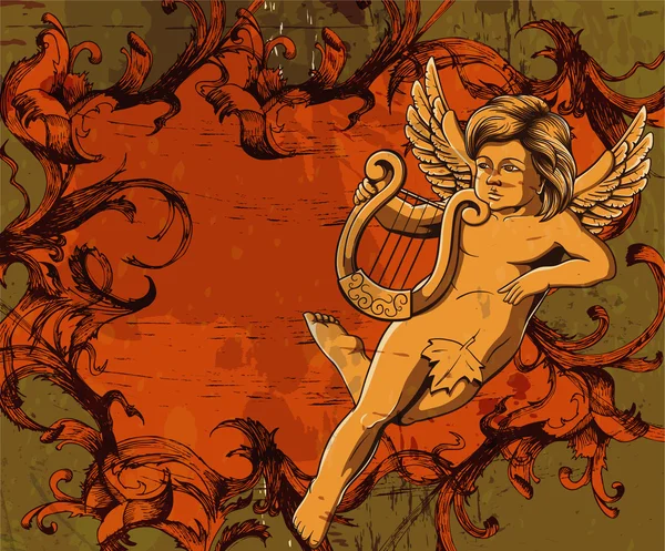 Grunge cadre floral avec ange — Image vectorielle