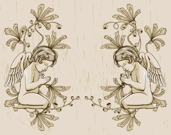 Grunge floral πλαίσιο με αγγέλους — Διανυσματικό Αρχείο