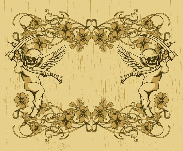 グランジ天使と花のフレーム — ストックベクタ