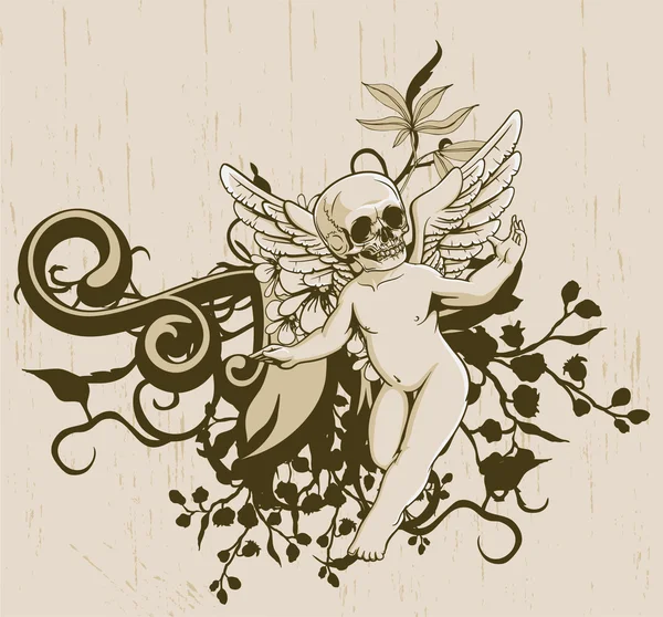 グランジ天使と花の背景 — ストックベクタ