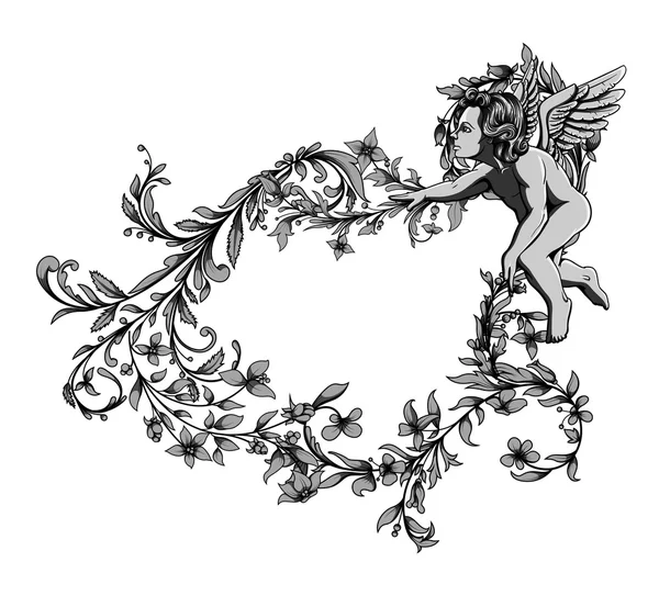 Engel met florale frame — Stockvector
