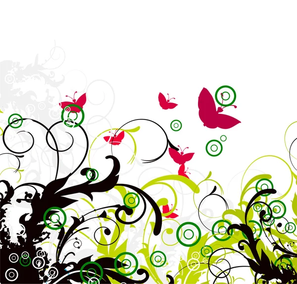 Ilustración abstracta con mariposas y flores — Vector de stock