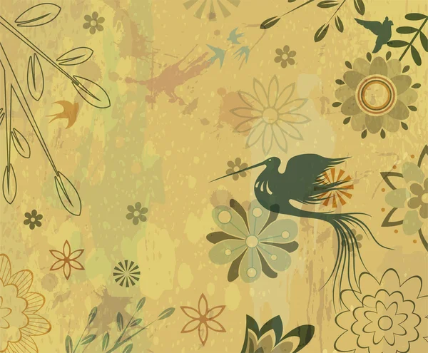 复古花卉背景与鸟 — 图库矢量图片