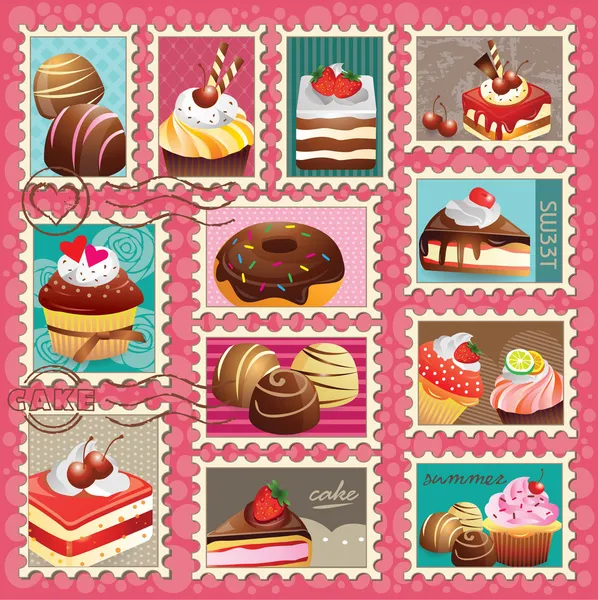 甜蜜的蛋糕及甜点邮费集 — 图库矢量图片