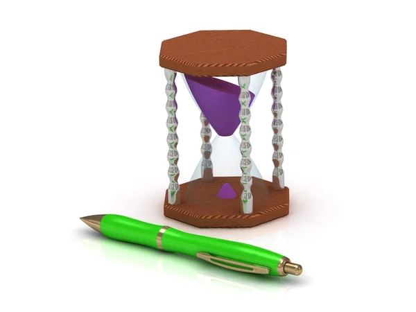 Hourglass with purple sand and green pen — Stock Photo, Image