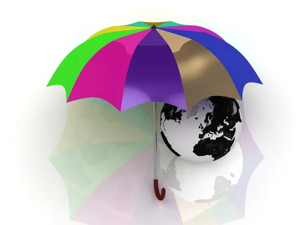 Globe onder de paraplu van de kleur met houten handvat — Stockfoto