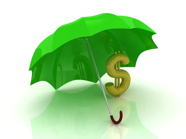 Золотой доллар под зеленым зонтиком — стоковое фото