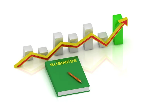Kniha podnikání, pero a graf — Stock fotografie