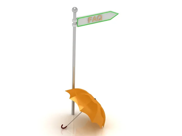 3D візуалізація знака з золотими "запитаннями" та помаранчевою парасолькою — стокове фото