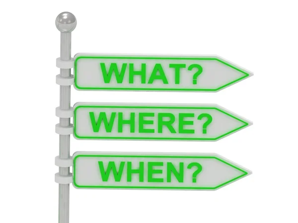 3 riktnings skyltar "vad", "där", "när" — Stockfoto