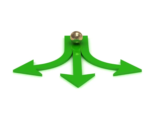 Gouden bal op het kruispunt van drie groene pijlen — Stockfoto