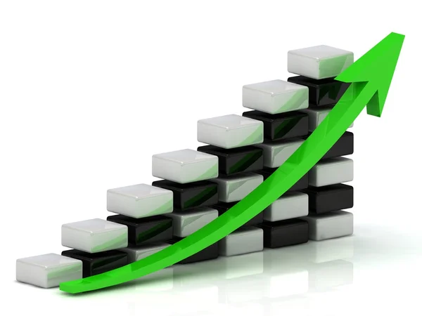 Gráfico de crescimento de negócios dos blocos branco e preto em um padrão de tabuleiro de xadrez com uma seta verde — Fotografia de Stock