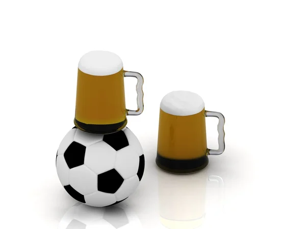 Taza de cerveza fría oscura en una pelota de fútbol —  Fotos de Stock