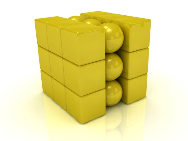 Guld kuben och guld bollar — Stockfoto