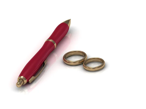 Två vigselringar och en röd penna — Stockfoto
