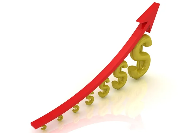 3D-Illustration des Wachstums des Dollars mit einem roten Pfeil — Stockfoto