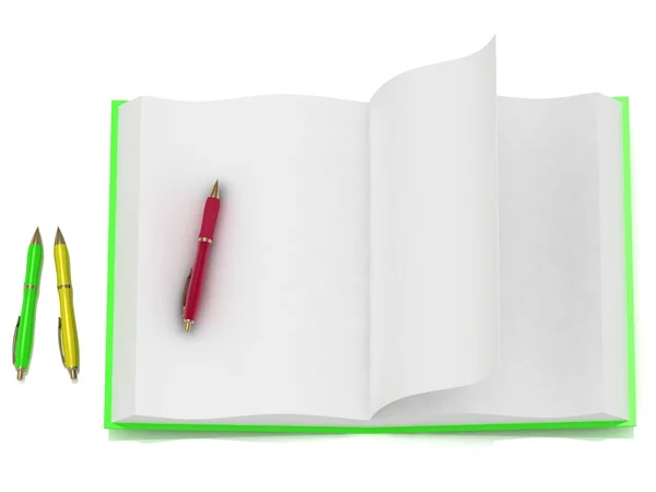 Aprire blocco note verde e 3 penne colorate — Foto Stock