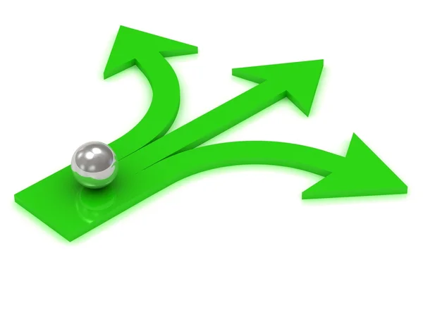 Silver ball at the crossroads of three green arrows — Stock Photo, Image