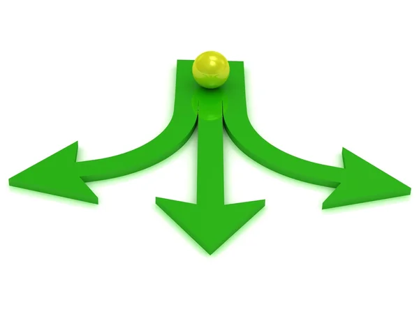 Yellow ball at the crossroads of three green arrows — Stock Photo, Image