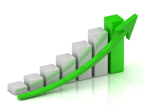 Wykres wzrostu biznesu barów i zieloną strzałkę — Zdjęcie stockowe
