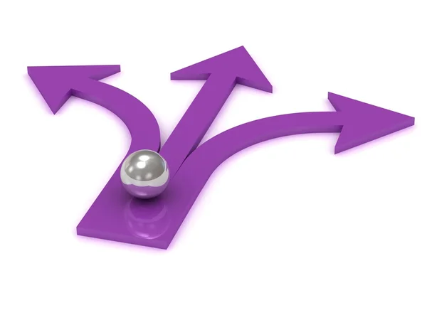 Silver ball at the intersection of three purple arrows — Stock Photo, Image