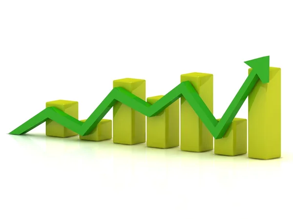 Gráfico de crecimiento empresarial de las barras amarillas y la flecha verde —  Fotos de Stock