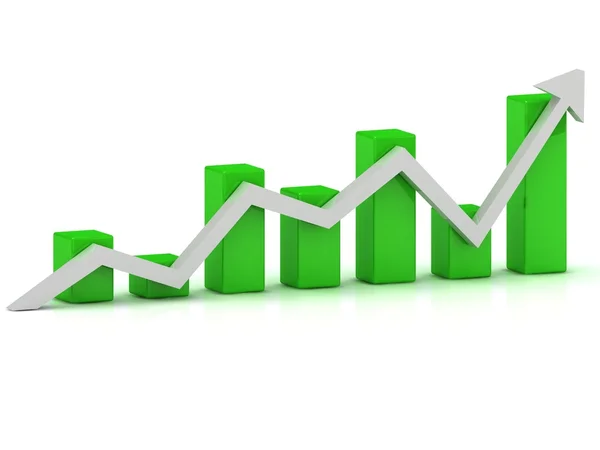Wykres wzrostu firmy zielone paski i białą strzałką — Zdjęcie stockowe